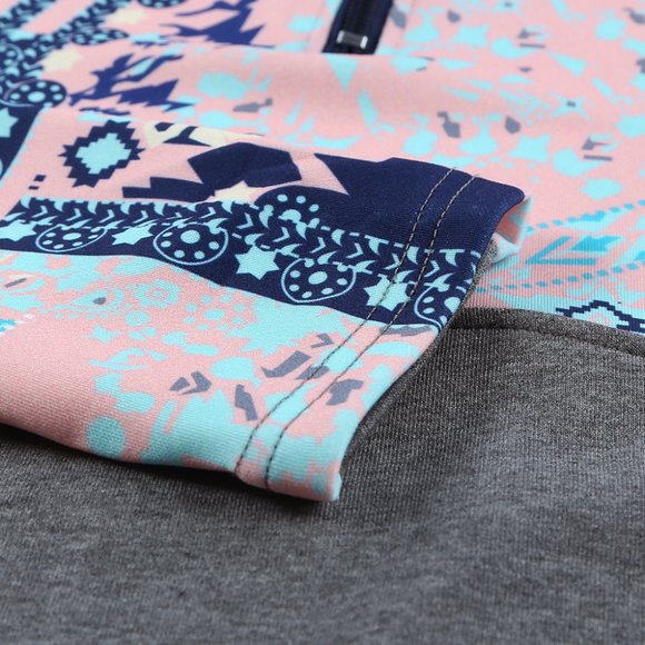 Gray Boho Print Color Block Patchwork Zip Collar Sweatshirt - Picture 5 of 12